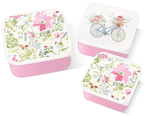 Puckator - Set di 3 Contenitori per Pranzo e Merenda M/L/XL – Rosa Floreale - Designed by Julie Dodswort