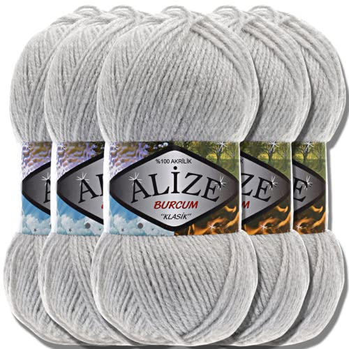 Alize 5x 100g Burcum Klasik Classic Türkische Premium Wolle 100% Acryl Handstrickgarne Uni Einfarbig | Garn | Yarn Babywolle Strickgarn Baby zum Häkeln Stricken (Light Grey Melange | 208)