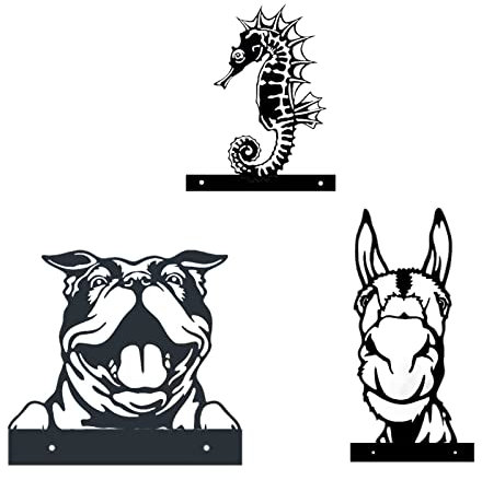 KLZUOPT Exquisite Wandskulptur, Kunst-Dekor, 3 Stück, Metall-Peeping-Tier-Wand-Kunst-Dekor, Bauernhof-Hund, Esel, Seepferdchen, Wand-Kunst-Metall-Wand-Skulpturen für den Gartenzaun im Freien