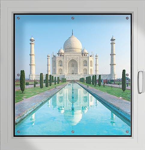 Wallario Lichtschutzbild, Dekorativer Sichtschutz Sonnenschutz 96 x 93 cm mit Motiv: Taj Mahal - Mausoleum in Indien - Verdunklungsrollo ohne Bohren