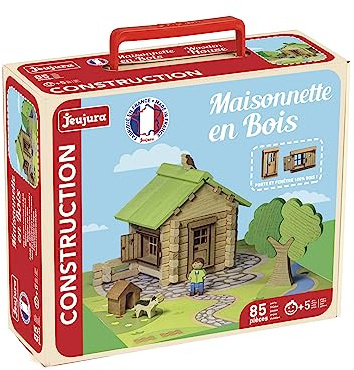 Jeujura - Maisonnette en bois - 85 pièces - Jeux de Construction dans sa valise en carton - A partir de 5 ans - Agilité - Créativité - Manipulation - Catalogue fourni - 8095