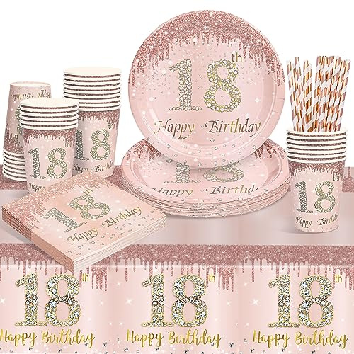 Vajilla Desechable para Fiestas de Cumpleaños Niña, 69pcs - Set de Vajilla con Platos, Vasos, Servilletas, Pajitas y Mantel - Decoración para 18 Cumpleaños Niña (16 Invitados)