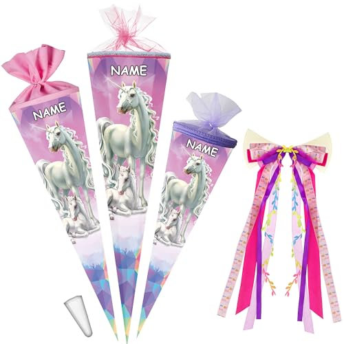 alles-meine.de GmbH Schultüte - Einhorn & Fohlen 35-100 cm Größe wählbar inkl. Name - + Kunstoff Spitze + Schleife - Tüllabschluß/Filzabschluß - eckig/rund - Mädchen ..