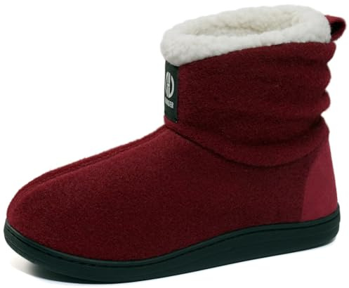 GURGER Hausstiefel Damen Plüsch Gefüttert Hüttenschuhe Warm Hoch Hausschuhe Filz Winter Pantoffeln Feste Sohle Slipper Boot Rot Größe 42 43