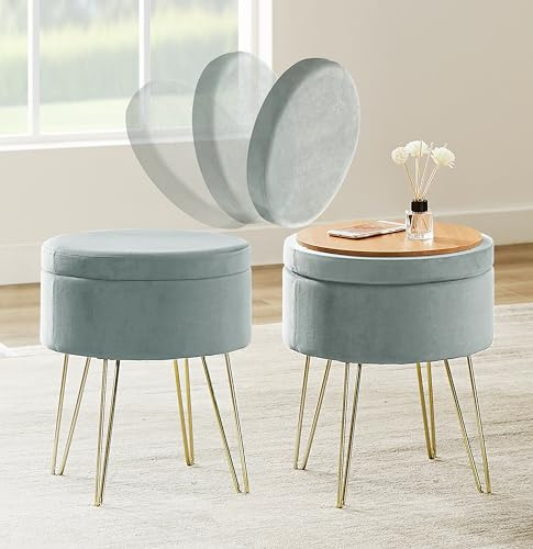 Zedelmaier Schminkhocker samt mit Stauraum Schminktisch Hocker rund fußhocker Pouf fusshocker Polsterhocker für Wohnzimmer Schlafzimmer mit Metallbeinen (Helle Graublau)…