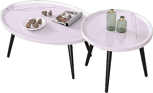 Zusammensetzbarer Couchtisch, oval, kreative Sofa-Beistelltische aus Holz, Couchtische/Nachttisch im 2er-Set, schwarze Metallbeine mit verstellbarem Fußpolster, for Wohnzimmer, Schlafzimmer, Balkon (