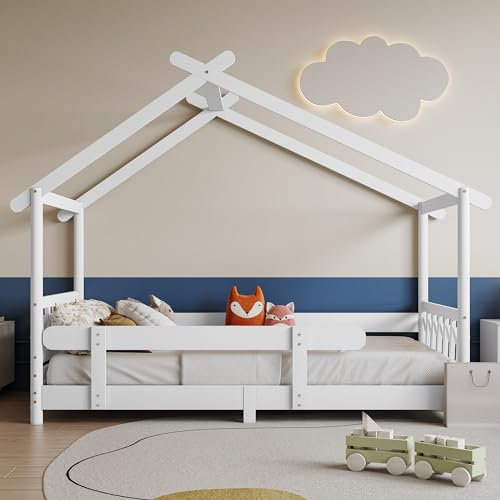 Kayan Schönes Kinderbett 90x200cm, Jugendbett Hausbett mit Rausfallschutz, Massivholz mit Gitter und Lattenrost, Holzbett für Jungen & Mädchen (Weiß, 200x90cm)
