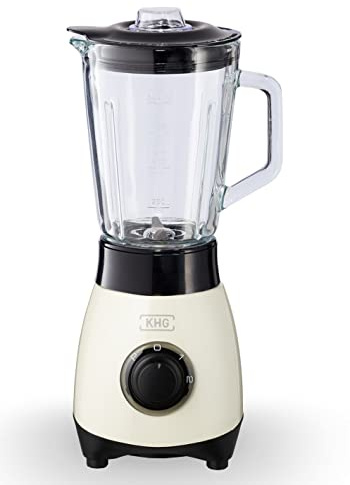 KHG Mini Standmixer 250 W mit 0,8 L Glasbehälter, Creme, Edelstahl | 4-fache 3D Edelstahlklingen, 2 Geschwindigkeitsstufen und Impulsfunktion, Pürieren, geeignet zum Mixen, Eiscrushen