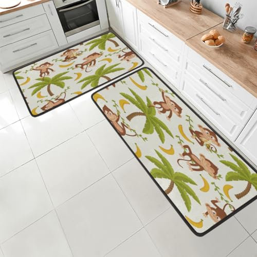 Mularoka Affen-Bananenbaum-Küchenmatte, 2er-Set, Küchenteppiche für Boden, rutschfest, saugfähig, gepolstert, Anti-Ermüdung, waschbar, Standmatte für Haus, Spüle, Büro, Wäsche, 43,2 x 73,7 cm + 43,2 x