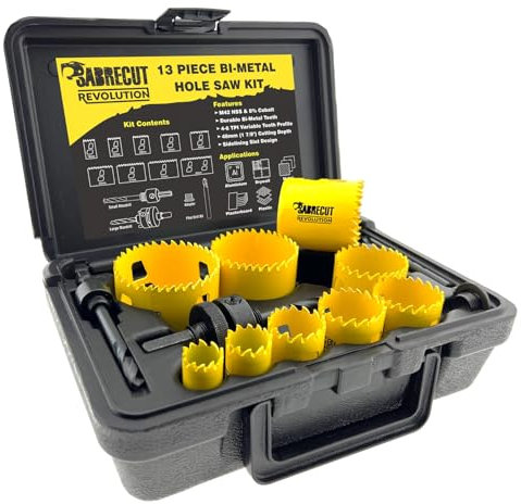 13 x SabreCut HS42MK013 19mm 22mm 29mm 35mm 38mm 44mm 51mm 57mm 64mm High Performance Bi-Metal M42 HSS Steel & Cobalt Hole Saw Kit with Mandrels, Adapter & Storage Box for Metal Plastic & Wood
