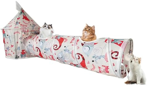 Tuzsocr Faltbar Tunnel für Katzen, Zeltf ür Katzen Groß Katzentunnel Katzenspielzeug mit Ball D45*31.5 * 64 D25*94CM (Bunte Kätzchen)