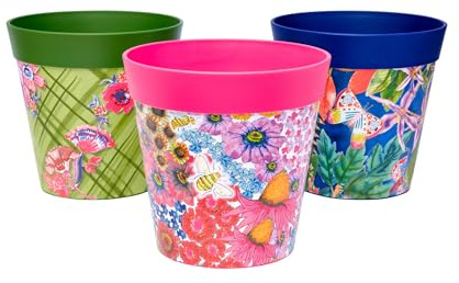Hum blomkrukor, 15 centimeter, set med 3, olika mönster färger och storlekar, inomhus/utomhus plastväxtkrukor, multiblommor