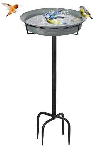 71 cm freistehendes Vogelbad für den Außenbereich, freistehendes Garten-Vogelbad mit Metallstab, abnehmbarer Dekorations-Vogelspender für Garten, Terrasse, Hof und Rasen, 4 Stachelfüße, Grau