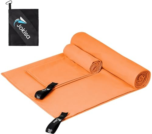 Jokisa Mikrofaser Handtuch 2er Set, 180X90cm Strandtuch Mikrofaser + 80X40cm Sporthandtuch, Schnelltrocknendes & Sandfrei Handtücher für Outdoor Sauna Strand Trekking (Orange)