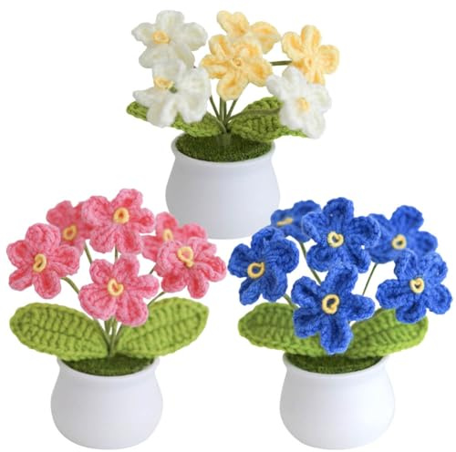 3 Pcs Crochet Patted Flowers, Artificial Knitted Gradient Color myosotis