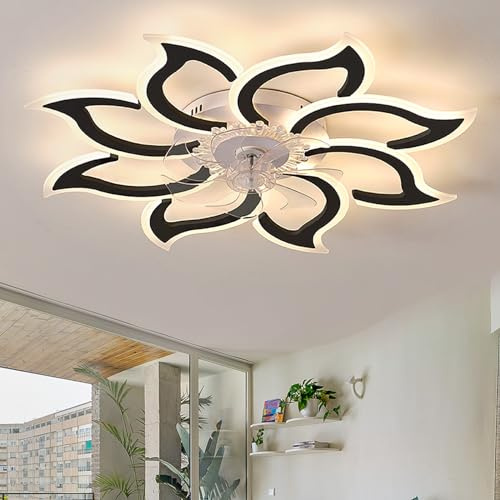 Caufloce Salon Ventilateur Plafond Avec Lumiere Réversible, Dimmable Lustre Avec Ventilateur APP, Plafonnier Ventilateur Moderne Avec Télécommande 6 Vitesses, Fleurs Pour Chambre-black