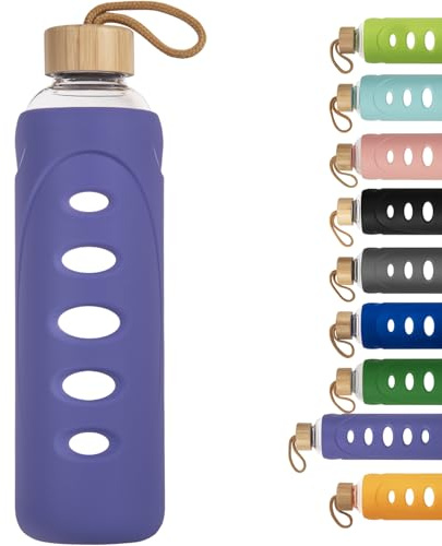 Ferexer Sport Glas Trinkflasche 1000ml / 1 Liter, Borosilikatglas Wasserflasche mit Silikonhülle und Einzigartigem Deckel
