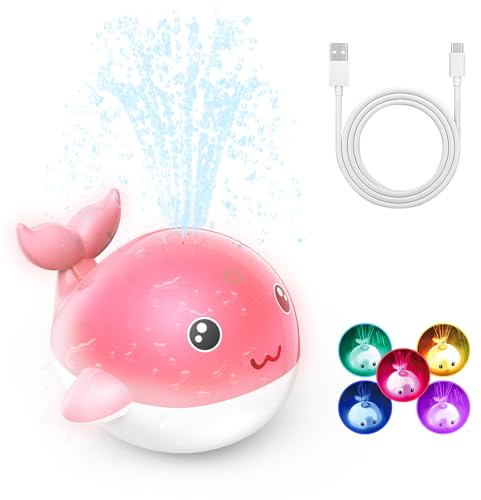PHNIXGAM Upgraded Rechargeable Baby Bath Toy with Easy Charging, LED Light Up Whale Bath Toy Sprinkler Bathtub Pool Water Fountain Toy for Infant Toddlers Kids (Pink)