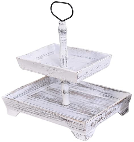 Vassoio in legno – Alzata per torte a 2 livelli | Decorazione rustica in legno | Decorazione per tavolo da cucina | Centrotavola estetica artistica per scrivanie, tavoli da pranzo, librerie