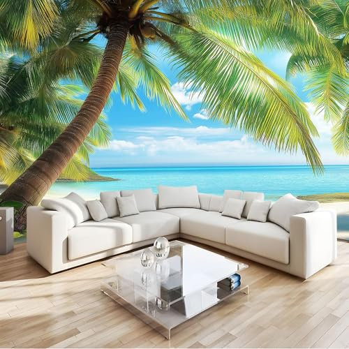 Verde Fotomural Cocoteros de playa tropical Fotomural Pared, 250x175 cm Papel Pintado 3D, Fotomurales Decoración de Comedores Moderna Lana Sala Cuarto Salón