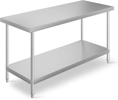 FIDOOVIVIA 150 x 60 x 80cm Commercial Work Table, Stainless Steel Catering Table with Double Layer, Heavy Duty Kitchen Food Prep Table for Kitchen Bar Garage Restaurant