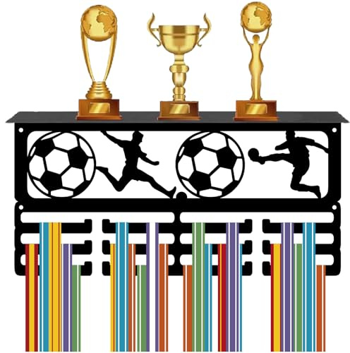 CREATCABIN Medaillenaufhänger Fußballmedaillenhalter Fußball Sporttrophäenregal Mit 12 Haken Zur Wandmontage Aufhängen von 60+ Medaillen Metallgestell Mit Ablage Für Männer Frauen Rennen 40x20x10cm