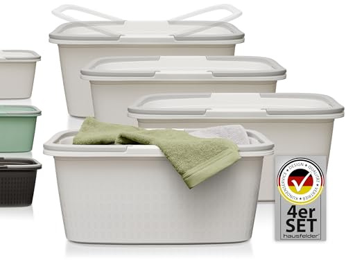 Hausfelder Wäschewanne, 4er Set, 58x37x25cm, Weiß | Wäschewanne mit Henkel 4er Set, stapelbar Wäschekorb Plastik 35L