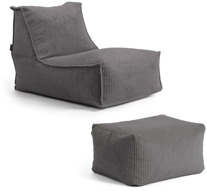 mokebo Sitzsack mit Hocker aus Cord 'Der Gelassene' Made in Germany, Bean Bag, Relaxliege, Bodenkissen mit EPS-Perlen Füllung, kuschelige & gemütliche Liege für Wohnzimmer & Wintergarten in Anthrazit