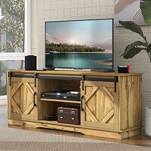 BTM Meuble TV 150cm, Industriel en Bois avec 2 Portes Coulissantes et Etagères Réglables, Style Rustique, Banc TV pour Max 65 Pouces, Charge 80kg, 150x40x60cm, Brun Vintage