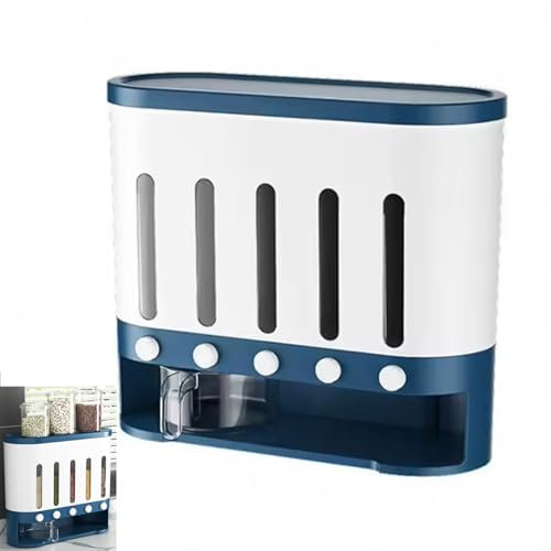 BLHKBAIKBN 5 Grid Cereal Storage Rice Dispenser, Wall Mounted Cereal Dispenser with 22lb Capacity, Press To Get Rice Quickly Without Opening The Lid, for Storing Cereal Flour Coffee Beans Cornflakes