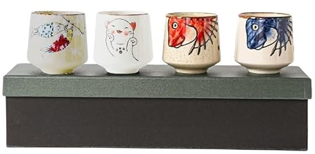 Bowltiful Set of 4 Japanese Teacup Ceramic Tea Cup Mug Japanese Fortune Cat Fish Design