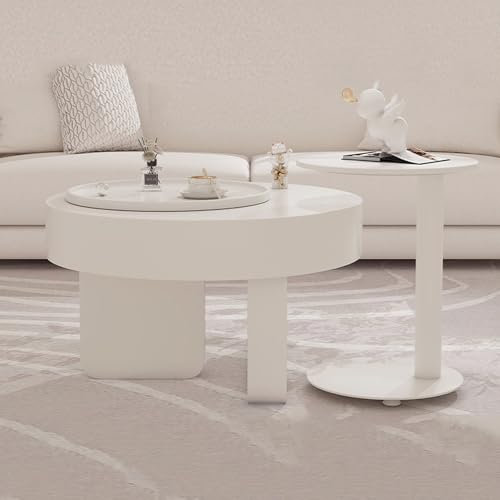 GODFSAHG Runder Couchtisch aus Massivholz, 2er-Set mit verstecktem Staufach, Beistelltisch, Beistelltisch für Wohnzimmer, Esszimmer, Home Office, weißes Finish