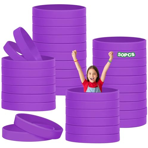 HONTIUS 50PCS Silicone Wristbands for Kids, Rubber Wristbands Blank Wrist Bands Universal Wristband Set Bulk for Teens Sport Suitable for 8-12 aged Purple
