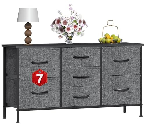 GoaHi Chest of Drawers, Small Dressers with Metal Frame and MDF Wooden Top Board, Adjustable Feet, Anti-Tip Safety, Storage Unit with 7 Drawers for Bedroom, Living Room, Closet, Office Deep Gray
