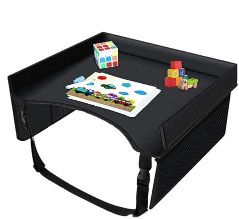 Kids Car Seat Tray - Portable Kids Lap Desk, Foldable Activity Lap Desk for Carseat, Adjustable Strap and Pocket Car Seat Tray Table, Car Seat Tray Table for Kids Road Trip Activities