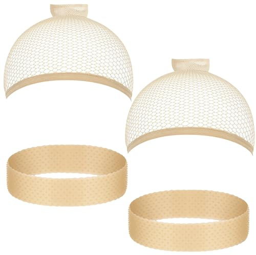 2× Rutschfestes Silikon-Stirnband + 2× Atmungsaktives Nylon-Haarnetz, transparent & hautfarben, verstellbare Perückenhalter für Damen und Herren