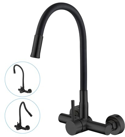 Robinet Cuisine Mural Noir avec Raccord 3/4 pour Lave-vaisselle Lave-linge | Robinet de Cuisine Evier Mural LakeBayMZC Acier Inoxydable avec Double Sortie,Mitigeur Mural avec Bec Flexible pour Cuisines