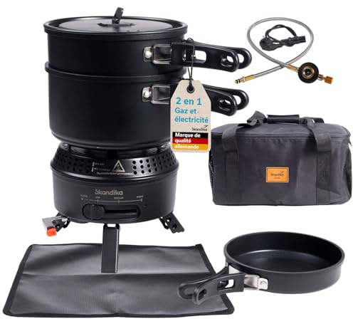 Skandika Réchaud de camping Rask | Fonctionne à l'électricité ou au gaz, allumage piézoélectrique, avec casseroles, poêle, set avec tapis & sac | Réchaud à gaz, électrique, portable