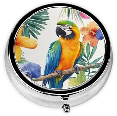 Generic Pillendose mit Blumen- und Vogel-Druck, rund, 3 Fächer, kleine Pillendose für Geldbörse und Tasche, Mini-Metall-Pillenhalter, Reise-Pillenbehälter