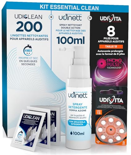 8 Pilas para Audífonos Tamaño 13 PR48 (Naranja) + Spray de Limpieza con Cepillo Integrado Sin Alcohol Udinett 100ml + 200 Toallitas Limpiadoras Udiclean Tamaño de Bolsillo - Kit Essential Clean