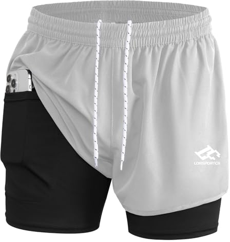 LORSPORTCH Herren Laufshorts 2 in 1 Shorts Gym Athletic Shorts Outdoor Marathon Workout Trainingsshorts Mit Eingebaut Taschen Hellgrau XL