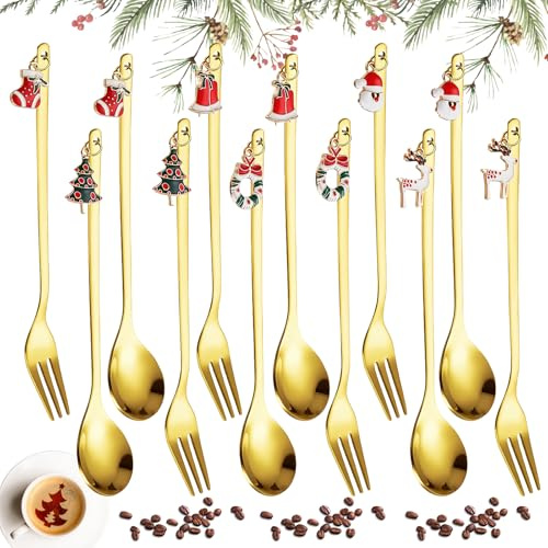 Weihnachtsgeschirr Set: 6 Stück Kaffee Weihnachten Löffel und 6 Stück Gabel, Edelstahl Weihnachtslöffel mit Weihnachtsanhänger, Dessertlöffel, Rührlöffel für Weihnachtsdekoration Tischdekorationen