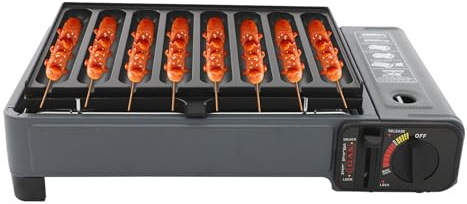 HUOMMGS 2 In 1 Camping Gasgrill Set mit Würstchen Grillplatte 2,2KW Campinggrill Tischplatte Klein Gas Grill für 8 Würstchen Outdoor Balkon Grill 42 x 26cm Koffer Gasgrill für Versammlungen