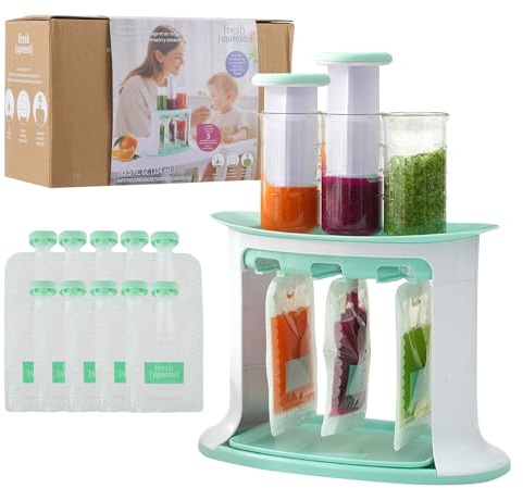 Squeeze Station Baby Food Maker, Homemade Puree Food Squeezer with 10 Pouch Storage Bags, Portable Reusable Food Pouch Filling Station Fresh Fruit Juice Dispenser, Dishwasher Safe & BPA-Free