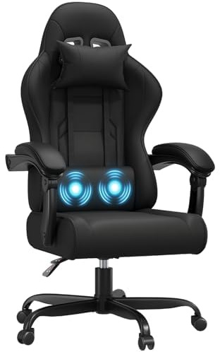JUMMICO Gaming Stuhl mit Massagefunktion, Bürostuhl Ergonomisch 150kg, Gamer Stuhl mit 50 cm Extrabreites Sitzkissen, Schwarz