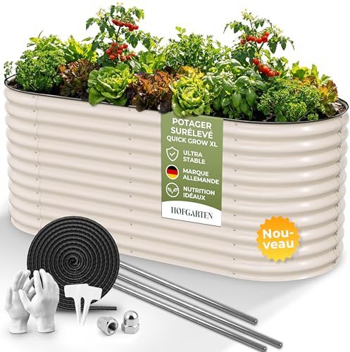 HOFGARTEN Grande Jardinière Extérieure XXL 200x80x78 cm, Acier, Blanc Crème | 78 cm de haut, fond ouvert, acier galvanisé Zn-Al-Mg, stable et antirouille, jardinage ergonomique