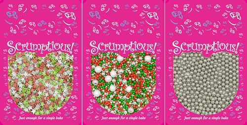 Scrumptious! - Bundle - Christmas Traditional Edible Cake Topper Sprinkles and Decorations - 1x30g Pearls Mix - Twinkle Christmas, 1x25g Red, Green and Silver Stars, 1x30g 6mm High Shine Silver Pearls