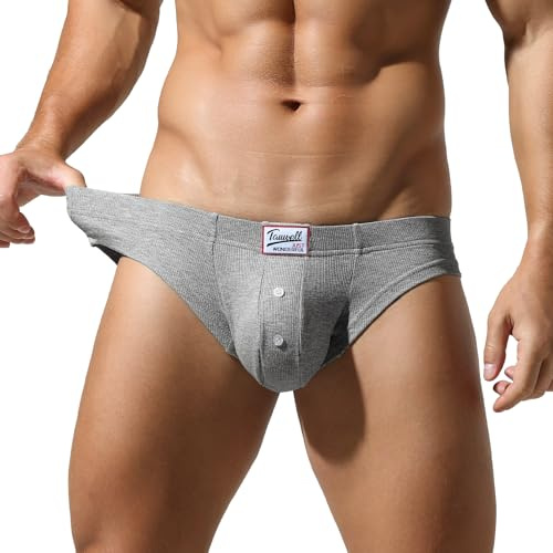 SEAUR Low Rise Bikini Briefs for Men Comfort Pouch Bulge Ribbed Underwear Low Rise Trunks U Convex Underpants with Button Fly Grey M