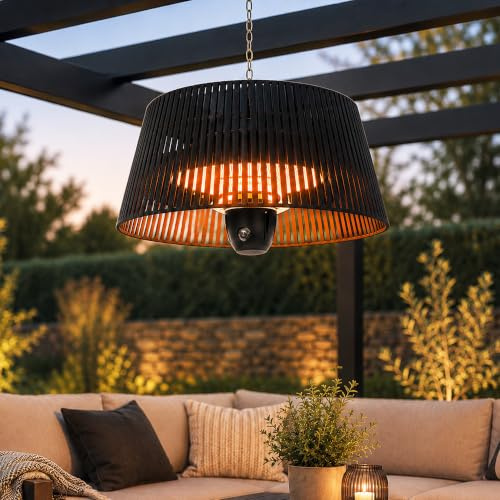 JSH Lunara Electric Outdoor Hanging Garden Patio Heater | Remote Control Halogen Decking Lamp | Radiant Ceiling Mounted Heat | Powerful 1500w | Stylish Modern Lampshade Design | 1.5KW Black