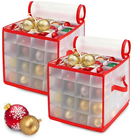 GarveeMore 2er Set Weihnachtsdeko Aufbewahrung, Weihnachtskugel Box Lagert Bis Zu 128 Christbaumkugeln Mit Seitengriff, Tragbare Aufbewahrungsbox Für Christbaumschmuck, Rot